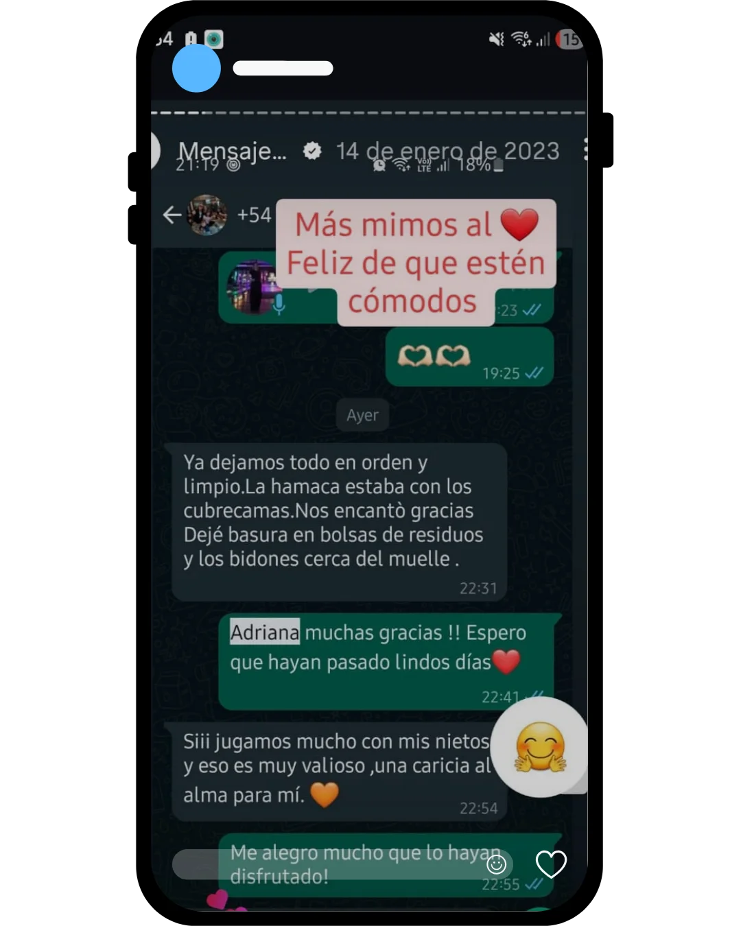 Testimonio de huésped vía WhatsApp